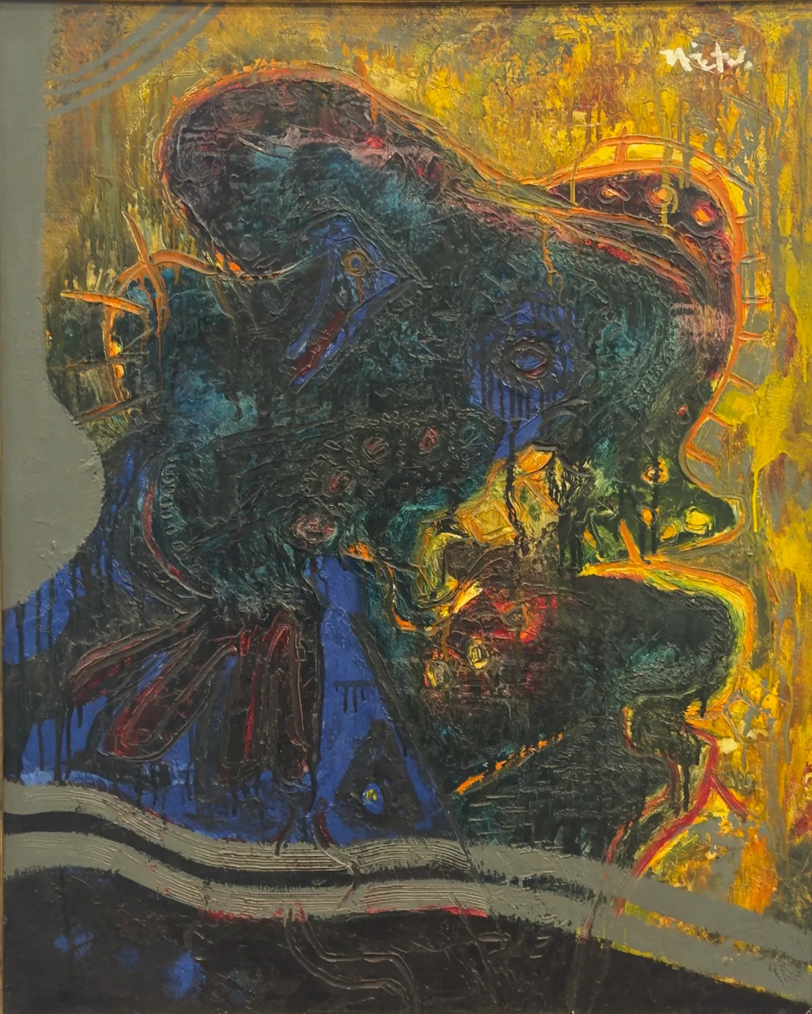 Pintura de Rodolfo Nieto de la serie Zoología mental: una forma oscura y densa, con relieves azules, verdes y rojos, sobre un fondo amarillo que escurre.