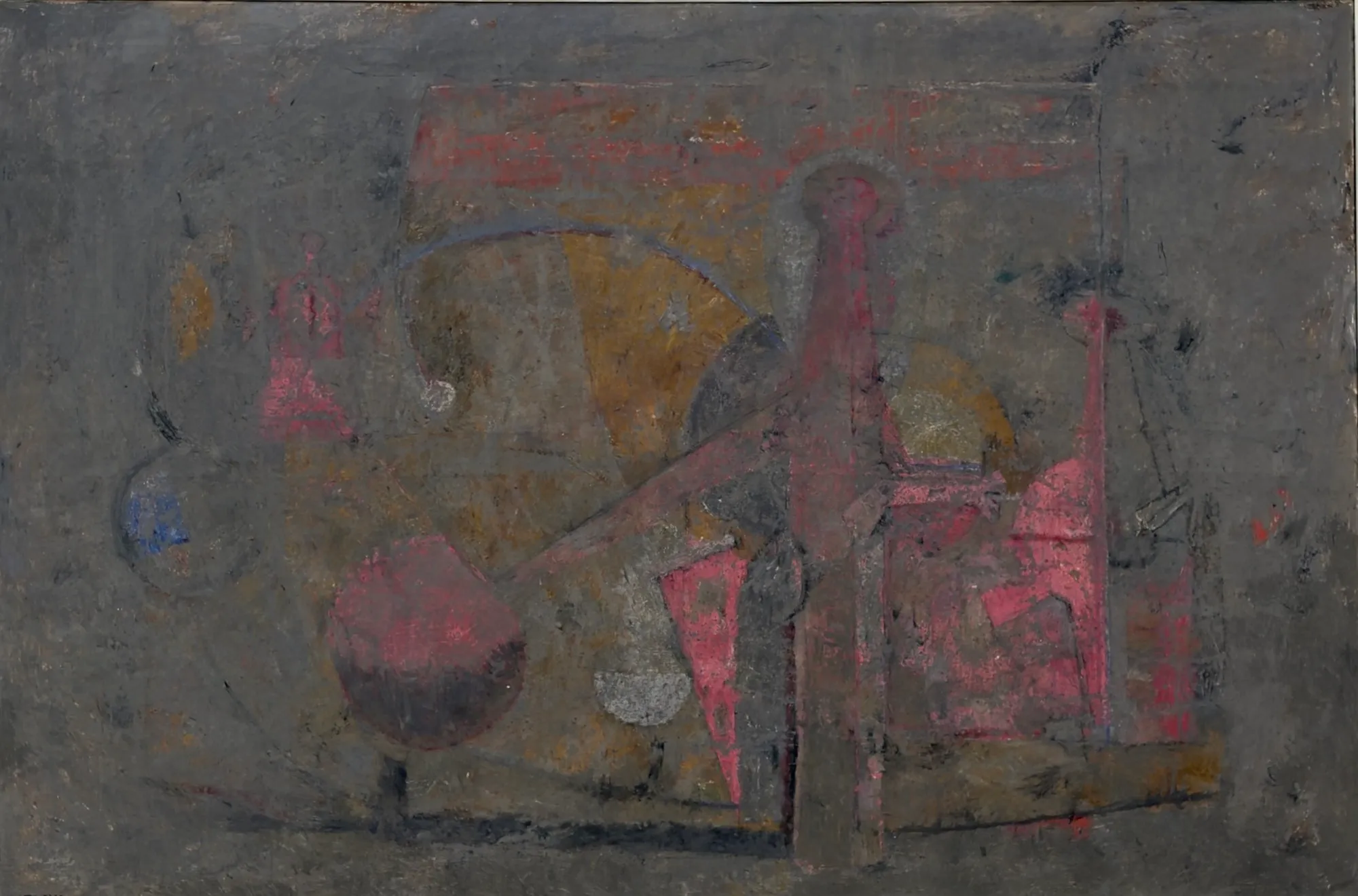 Pintura de Rufino Tamayo: formas rosas, ocres y azules apenas visibles bajo una capa de gris.